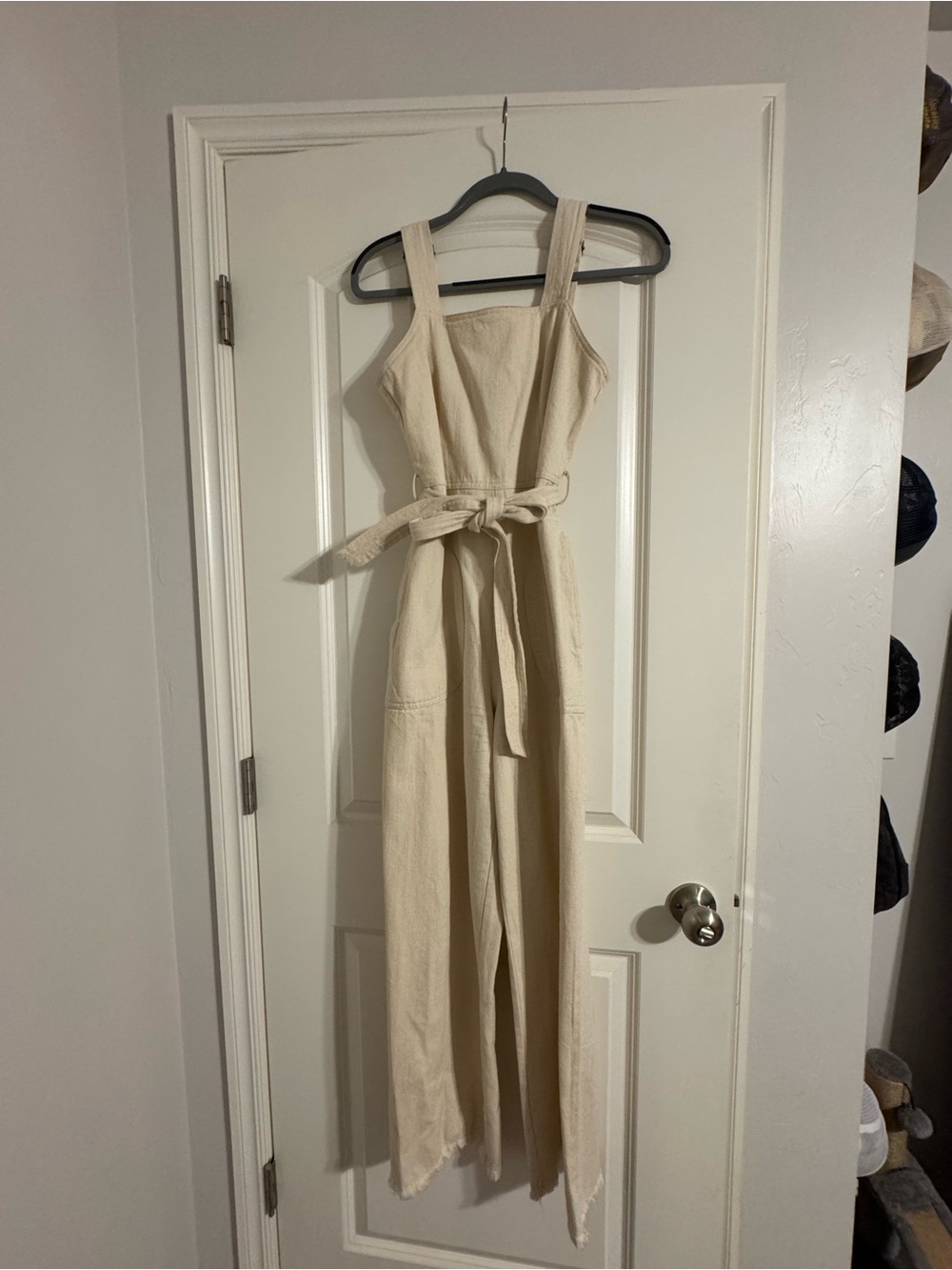 Sage Cream Wide-Strap Denim-Blend Jumpsuit with Tie Belt
